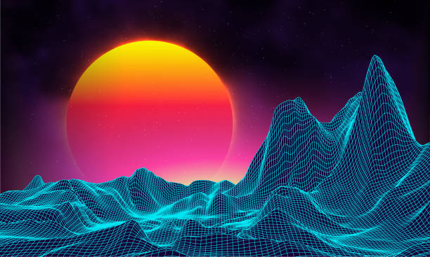 istock Retro background futuristic landscape 1980s style. Digital retro landscape cyber surface. Retro music album cover template sun, space, mountains . 80s Retro Sci-Fi Background Summer Landscape. 1271202877