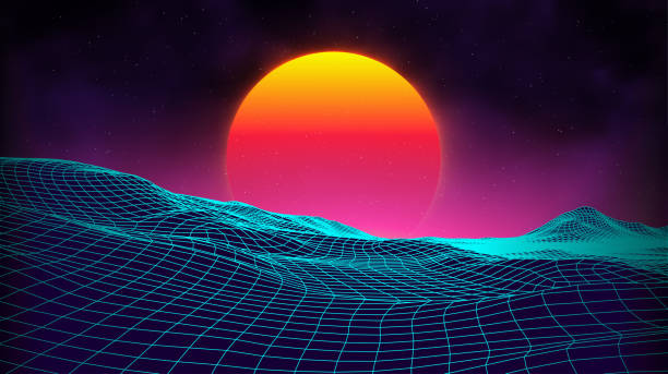 istock Retro background futuristic landscape 1980s style. Digital retro landscape cyber surface. Retro music album cover template sun, space, mountains . 80s Retro Sci-Fi Background Summer Landscape. 1271203250