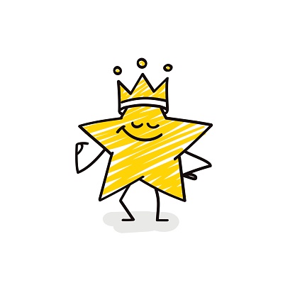 Doodle stick figures: Funny star with a crown.
