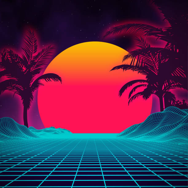 istock Retro background futuristic landscape with palm tree silhouette 1980s style. Digital retro palms landscape cyber surface. Retro music album cover template sun, space, mountains . 80s Retro Sci-Fi Background Summer Landscape. 1271203914