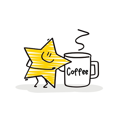 Doodle stick figures: Funny stars with cup go coffee.