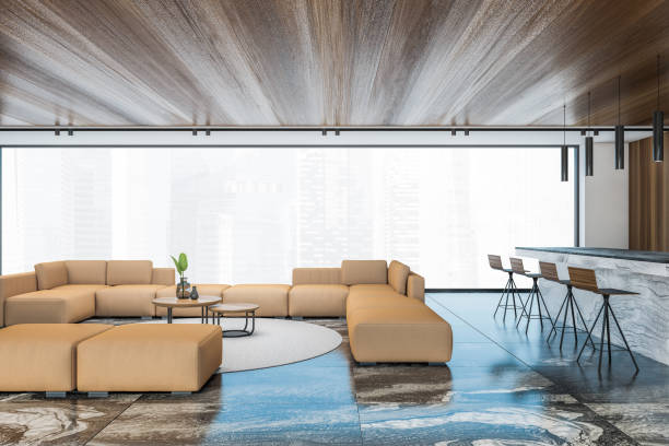 istock Living room with sofa and bar, side view 1271203933