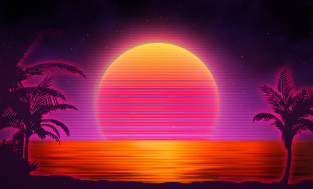 istock Retro background futuristic landscape with palm tree silhouette 1980s style. Digital retro palms landscape cyber surface. Retro music album cover template sun, space, mountains . 80s Retro Sci-Fi Background Summer Landscape. 1271204003