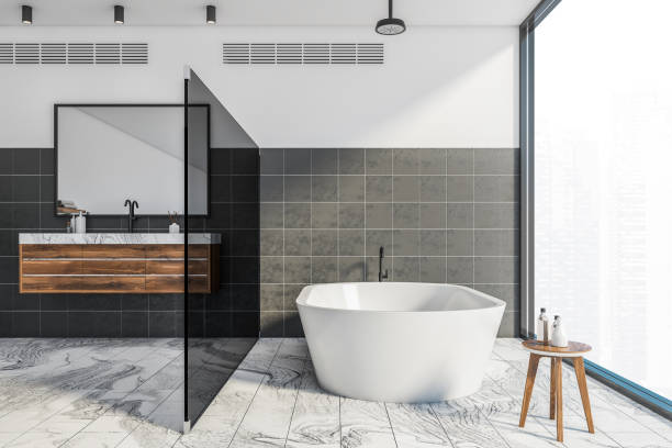 istock White black bathroom, tub and sink, front view 1271204010