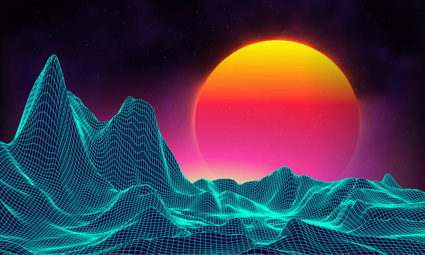 istock Retro background futuristic landscape 1980s style. Digital retro landscape cyber surface. Retro music album cover template sun, space, mountains . 80s Retro Sci-Fi Background Summer Landscape. 1271204253