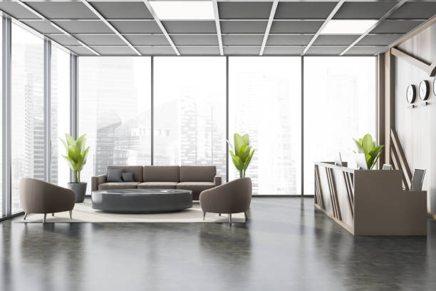 istock Reception and brown sofa in office waiting room 1271204328