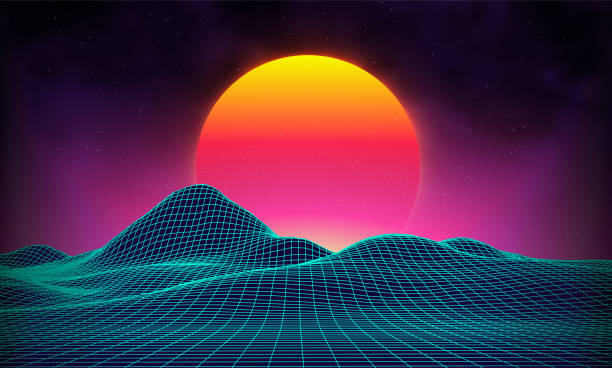 istock Retro background futuristic landscape 1980s style. Digital retro landscape cyber surface. Retro music album cover template sun, space, mountains . 80s Retro Sci-Fi Background Summer Landscape. 1271204337