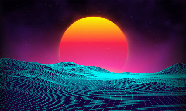 istock Retro background futuristic landscape 1980s style. Digital retro landscape cyber surface. Retro music album cover template sun, space, mountains . 80s Retro Sci-Fi Background Summer Landscape. 1271206020