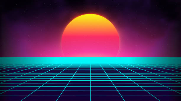 istock Retro background futuristic landscape 1980s style. Digital retro landscape cyber surface. Retro music album cover template sun, space, mountains . 80s Retro Sci-Fi Background Summer Landscape. 1271206167