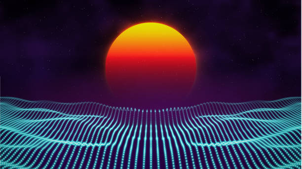 retro-hintergrund futuristische landschaft der 1980er jahre stil. digitale retro-landschaft cyber-oberfläche. 80er jahre party-hintergrund. retro 80er jahre mode sci-fi hintergrund sommerlandschaft. - synthesizer stock-grafiken, -clipart, -cartoons und -symbole