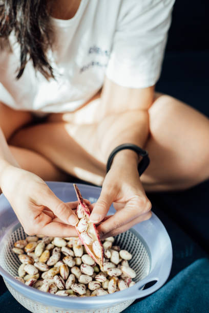 Woman preparing fresh organic Borlotti beans for cooking