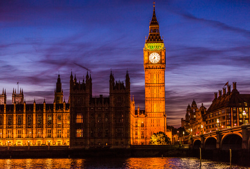 Big Ben and Houses of parliament at twilight on Westminster bridge in London, UK. Lit building at night, nightlife photography.