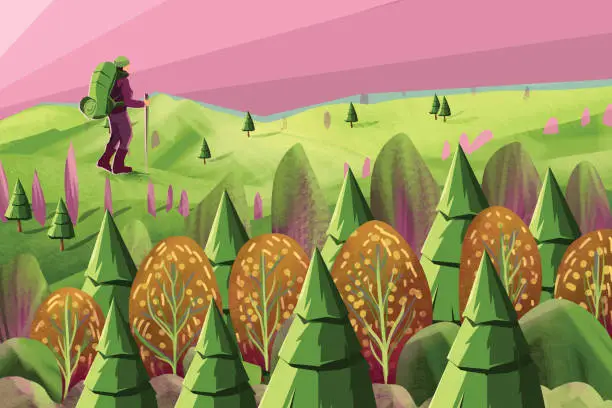 Vector illustration of Mountain landscape under pink sky