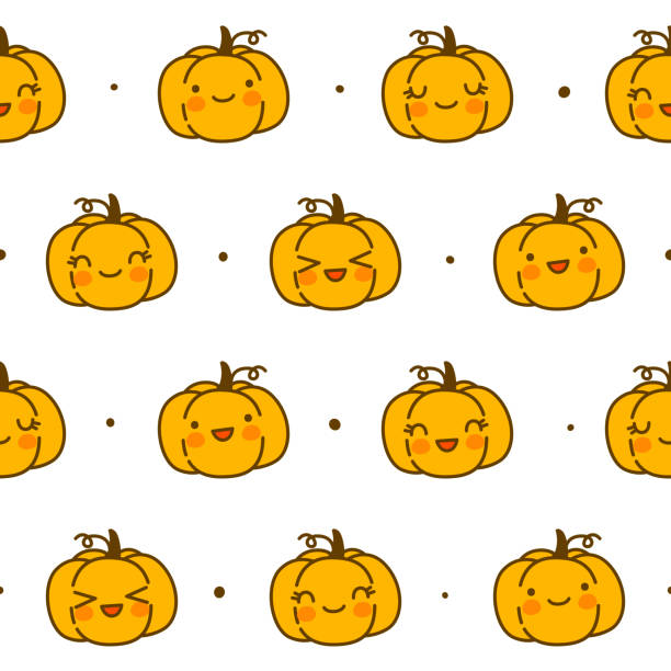 Seamless Pattern With Kawaii Pumpkins Isolated On White Cartoon Background  For Funny Halloween Autumn Textile Or Wrapping Paper Design Stock  Illustration - Download Image Now - iStock