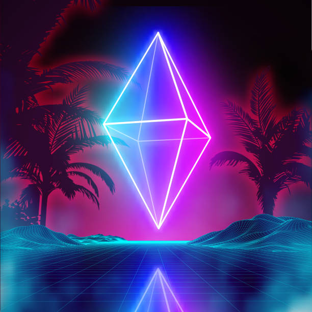 istock Retro futuristic background for game. Music 3d dance galaxy poster. 80s background disco. Neon rhombus synthwave digital wireframe landscape with palms. Space vector. 1271210080