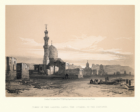 Vintage illustration of Tombs of the Caliphs, Cairo, The Citadel in the distance, Egypt. 19th Century David Roberts