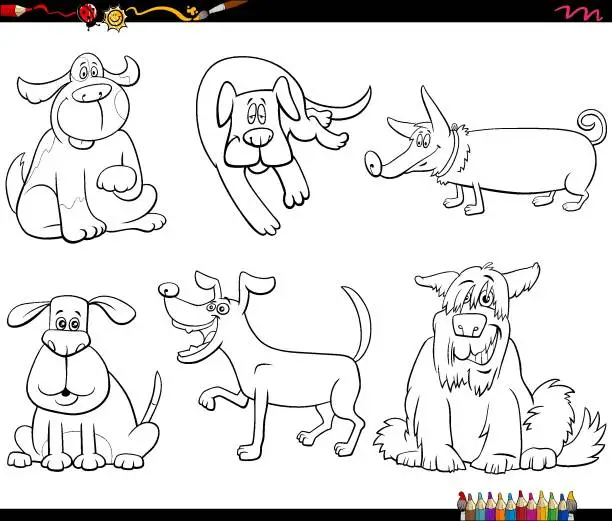 Vector illustration of cartoon dog characters set coloring book page