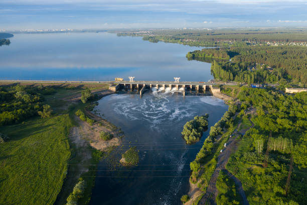istock Hydroelectric dam or hydro power plant on river, aerial panoramic view 1271214812