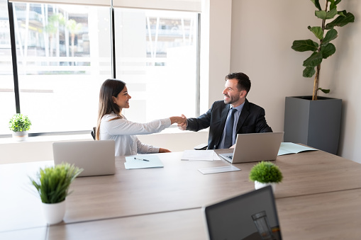 Smiling businessman shaking hands with coworker during office meeting