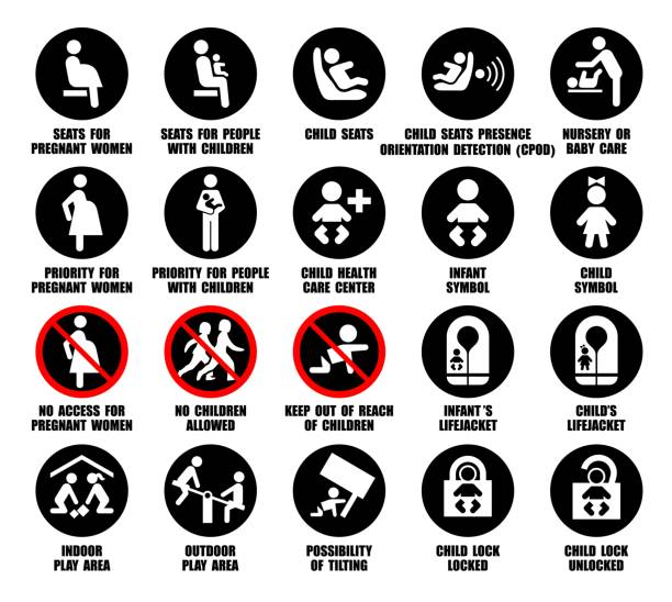 ilustrações de stock, clip art, desenhos animados e ícones de caution round signs of kids, pregnant women, people with children. child seat, lock, health, lifejacket symbols with warning information - life jacket isolated red safety