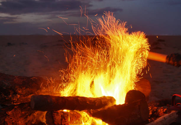 istock Bonfire sparks burning and flying up on the beach. 1271220539