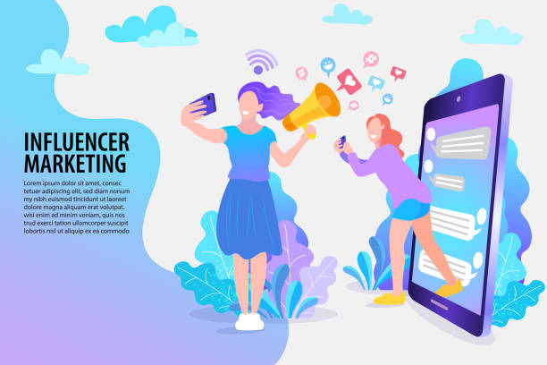 ilustrações de stock, clip art, desenhos animados e ícones de woman taking pictures of themselves with mobile phones, social influencer concept. media content to grab like from social audience design. - content sharing backgrounds computer icon