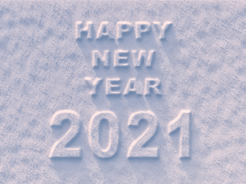 Happy New Year 2021 text on snow , 3d render
