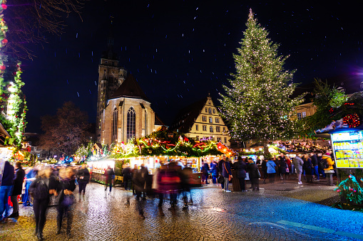 Christmas market fair near Evangelische Stiftskirche church in Stuttgart, Germany