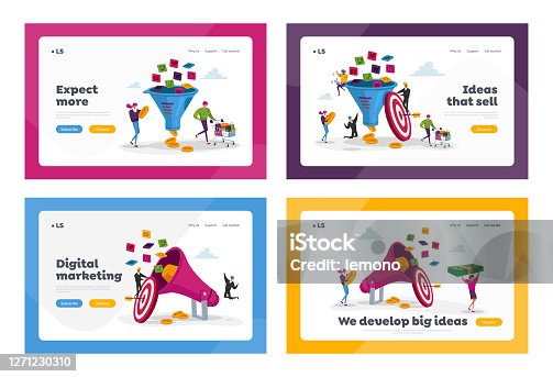 istock Sales Funnel Marketing Landing Page Template Set. Characters with Huge Megaphone and Target with Arrow. Conversion Rate 1271230310