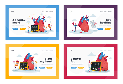 Cardiology Health Care, Medicine Landing Page Template Set. Tiny Doctor Characters with Drugs and Equipment at Huge Human Heart Measure Pulse and Cholesterol Level. Cartoon People Vector Illustration