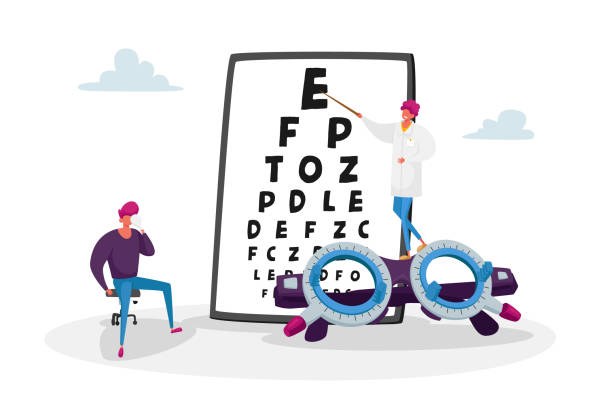 Ophthalmologist Doctor Check Up Patient Eyesight for Eyeglasses Diopter. Male Oculist with Pointer Checkup Eye Sight Ophthalmologist Doctor Check Up Patient Eyesight for Eyeglasses Diopter. Oculist Male Character with Pointer Checkup Eye Sight. Professional Optician Exam Treatment. Cartoon People Vector Illustration eye doctor and patient stock illustrations