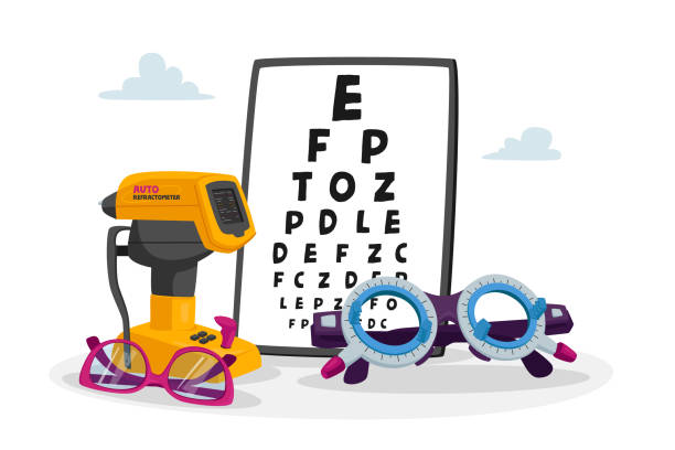 ilustraciones, imágenes clip art, dibujos animados e iconos de stock de gráfico de equipos oftalmológicos para la comprobación de la vista, el refractómetro automático y las gafas. dispositivos oculist optician - looking eyesight optometrist focus