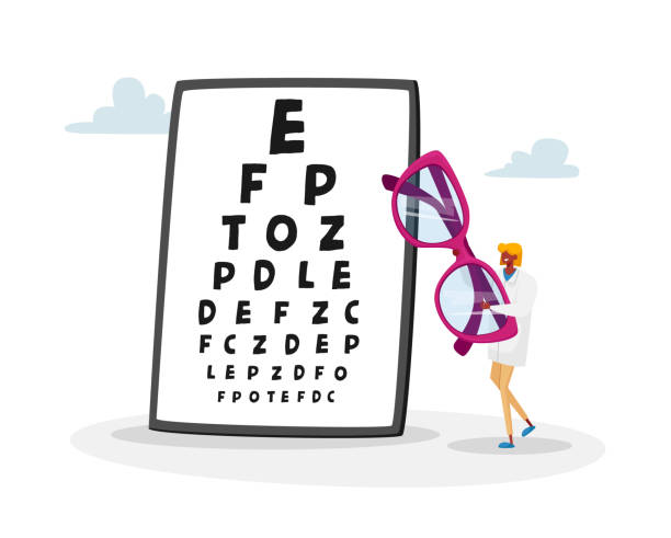 小さな女性医師は、ビジョンチェックのためのチャートの前に巨大な眼鏡を運びます.眼疾患治療と診断 - patient happiness cheerful optometrist点のイラスト素材／クリップアート素材／マンガ素材／アイコン素材