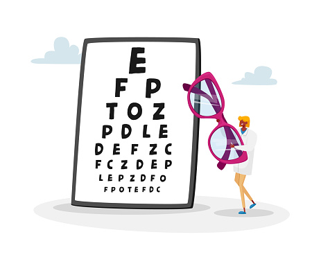 Tiny Female Doctor Character Carry Huge Eyeglasses front of Chart for Vision Checkup. Eyes Diseases Treatment and Diagnostics, Oculist Ophthalmologist Appointment Concept. Cartoon Vector Illustration