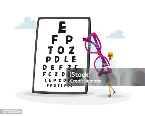 istock Tiny Female Doctor Carry Huge Eyeglasses front of Chart for Vision Checkup. Eyes Diseases Treatment and Diagnostics 1271230326