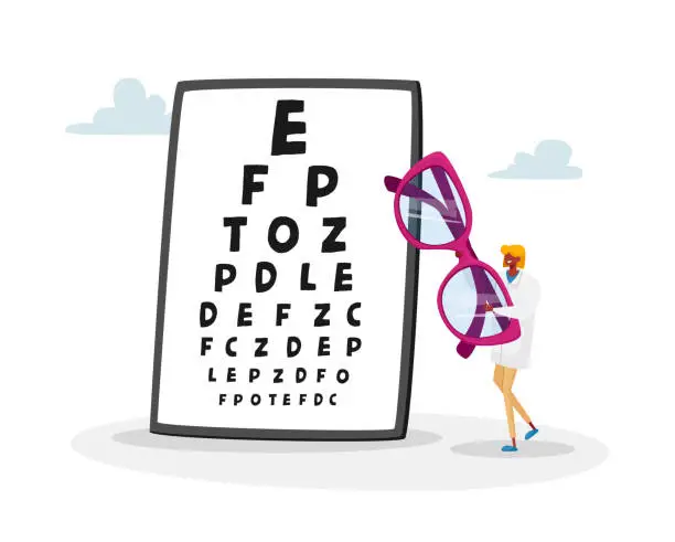 Vector illustration of Tiny Female Doctor Carry Huge Eyeglasses front of Chart for Vision Checkup. Eyes Diseases Treatment and Diagnostics