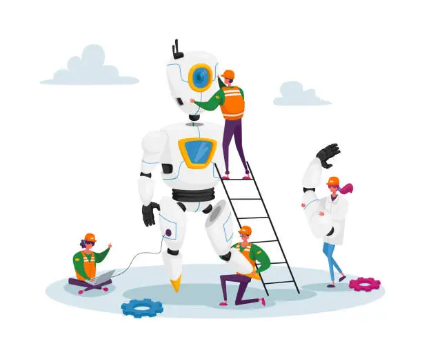 Vector illustration of Engineers Scientists Tiny Characters Making Programming Huge Robot in Science Laboratory. Robotics Hardware and Software