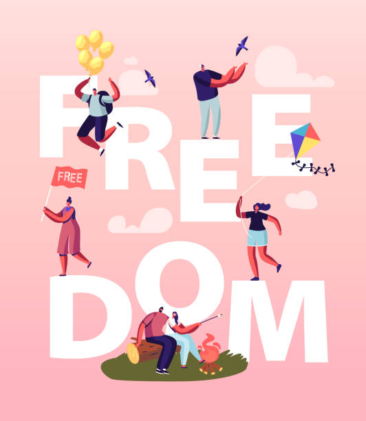 Freedom Concept. People Characters Characters Escape Home, Run with Kite and Flying with Air Balloons after Lockdown Freedom Concept. People Characters Characters Escape Home, Run with Kite, Traveling and Flying with Air Balloons after Covid Isolation Lockdown Poster Banner Flyer. Cartoon People Vector Illustration prison lockdown stock illustrations