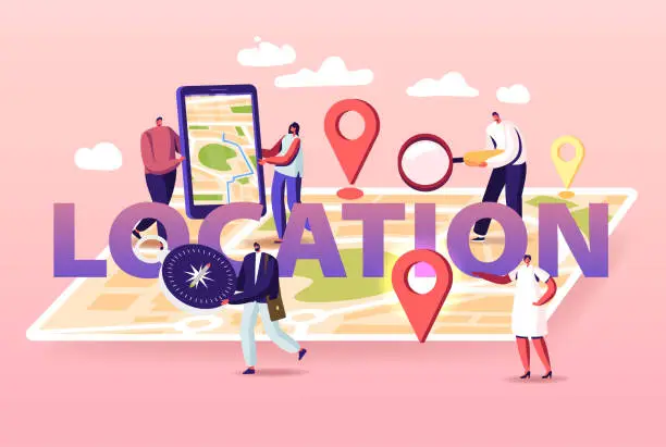 Vector illustration of Geolocation Concept. Tiny Characters at Huge Location Map, People Use Online Smartphone Application Search Route, Gps