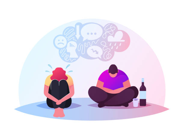 Drunk Characters Sitting on Floor in Depressed Mood with Wine Bottle and Bowed Head. Depression, Bipolar Disorder Drunk Characters Sitting on Floor in Depressed Mood with Wine Bottle and Bowed Head. Depression, Bipolar Disorder, Alcohol Addiction. People Crying Feel Lonely, Alcoholism. Cartoon Vector Illustration alcoholism stock illustrations