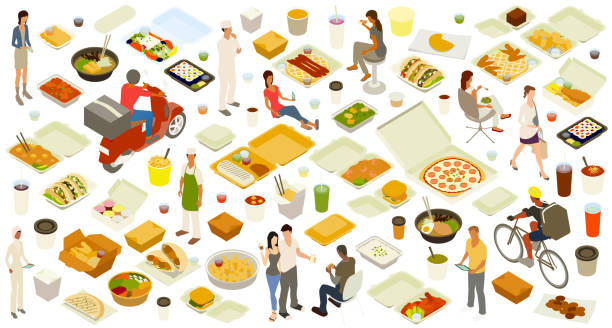 Takeout Delivery Icons 75+ takeout and delivery icons include dozens of food and drink illustrations, along with 14 people. Customers order via mobile and tablet devices, eat, and drink — and delivery people travel by motor scooter and bicycle. Cooks stand dressed and ready. Foods include lunch and dinner choices like pizza, sushi, Thai noodle dishes, ramen, falafel, tacos, bibimbap, fried chicken wings, chili, mac and cheese, chicken and waffles, burrito, sag paneer, chicken tikka, jalapeño poppers, and Greek salad — with breakfast options, desserts, coffees, and soft drinks. Vegetarian options are available. pad thai stock illustrations
