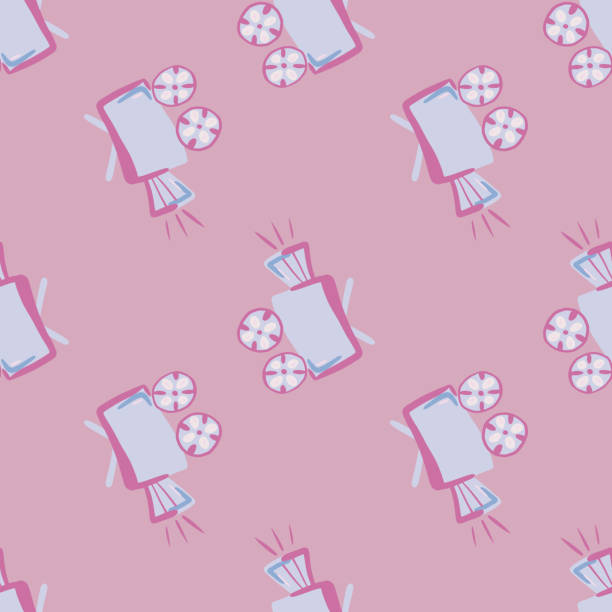 ilustrações, clipart, desenhos animados e ícones de câmera contornada azul forma padrão perfeito. cinema figuras simples em fundo rosa macio. cenário estilizado. - background tile video