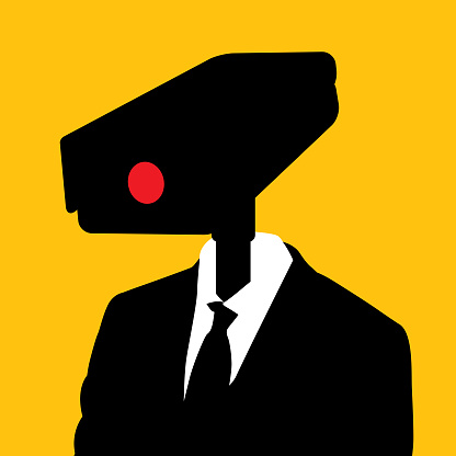 Vector illustration of a man with a security camera head on a square gold colored background.