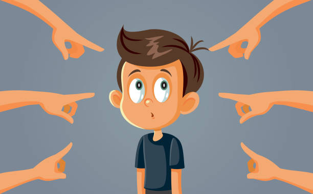 illustrazioni stock, clip art, cartoni animati e icone di tendenza di ragazzo triste vittima di bullismo da parte di compagni di classe - bullying sneering rejection child