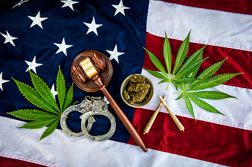 This is a stock photograph involving cannabis, marijuana and its implications in America has just slowly been legalized and used for medicinal and medical purposes and what that means to our economy and culture. There is a gavel and handcuffs.