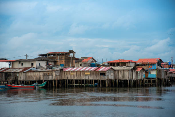 Fishing village in Tumaco on the Colombian Pacific coast. Wooden fisherman's house on stilts above the sea on the Pacific coast of Tumaco. Colombia. pacific coast stock pictures, royalty-free photos & images