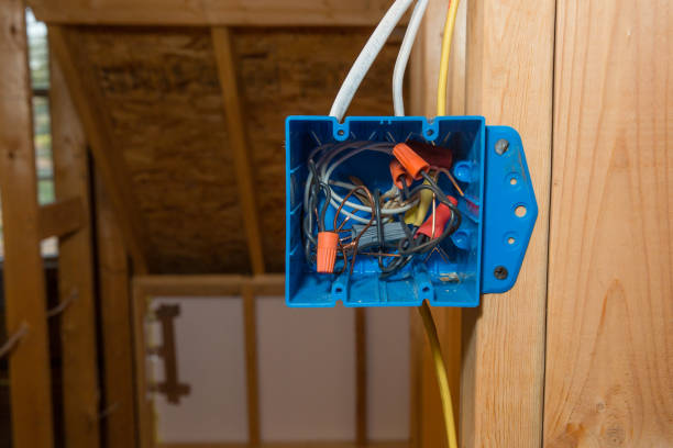 istock 2-Gang Blue Plastic Switch Outlet Electical Box on new home construction framing 1271242536
