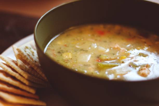 istock Chicken Vegetable soup with saltine crackers 1271242551