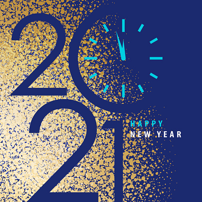 Join the countdown party for the New Year's Eve 2021 with gold dust spreading over the blue background and cut out the shape of 2021
