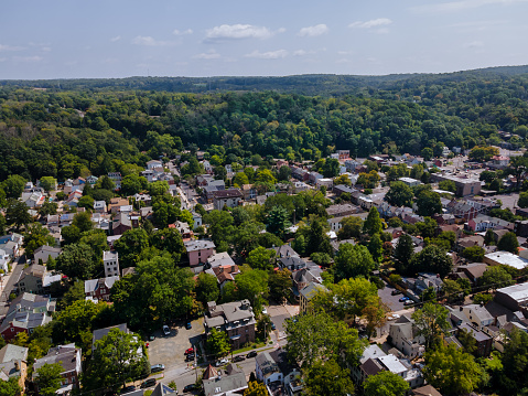 Overhead view Lambertville New Jersey USA the small town residential suburban area with bridge across the river in the historic city New Hope Pennsylvania US